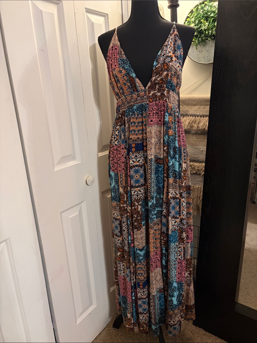 Bohemian Multicolor Patchwork V-Neck Maxi Dress - Teal, Pink, Brown, Cream